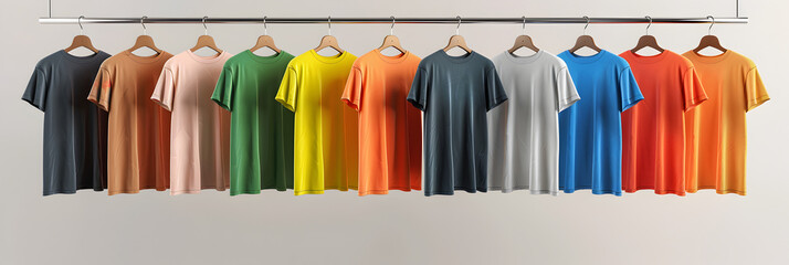 Colorful of tshirt with hangers in market fashion style neural network ai generated,
Row of fashionable polo t-shirts for man on wooden hanger or rack in a clothing boutique retail shop concept by AI
