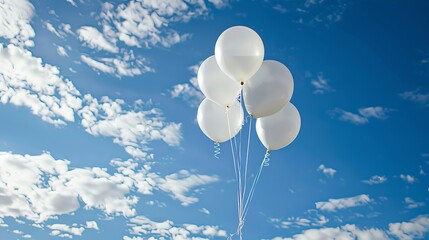 Birthday joyful white balloons dancing in the azure sky with whimsical clouds - vibrant outdoor celebration concept