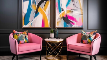Immerse yourself in a vibrant lounge haven featuring two sleek chrs, an empty frame, and lively graphic prints adding vibrancy to the space. 