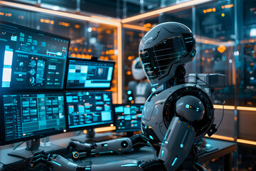 AI job replacement. Artificial intelligence robot Android that operates multiple computers and screens. Futuristic science fiction environment, future factory.