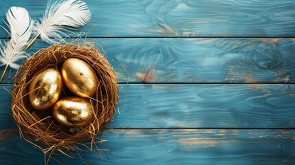 Three golden eggs in a nest on a blue wooden background.
