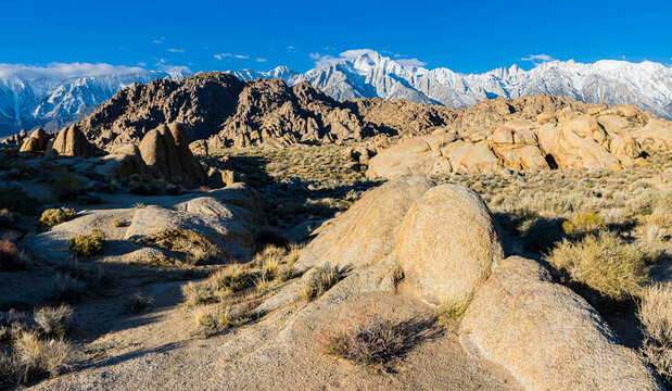The Alabama Hills  With Mt. Whitney and The Snow Capped Sierra Nevada Range, Alabama Hills National Scenic Area, California, USA