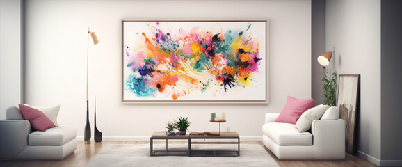 Immerse yourself in a room adorned with a vibrant illustration within a blank white frame, accented by bursts of different colors. The vivid spectrum of hues creates an enchanting visual experience, 