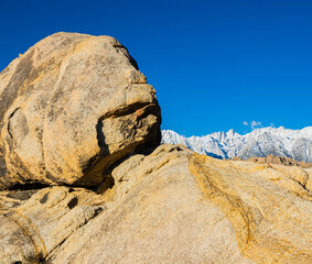 Rock Formations of The Alabama Hills and The Snow Capped Sierra Nevada Range, Alabama Hills National Scenic Area, California, USA