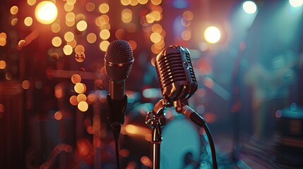 Two microphones on stage with a blurred background of a drum set and bright lights. - obrazy, fototapety, plakaty