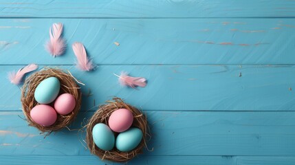 Two nests with blue and pink Easter eggs on a blue wooden background. - Powered by Adobe