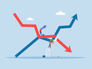 Cut loss concept.businessman is stopping loss with the scissors losses for profit.slowing or worse as inflation rises. stock market slump. World economy recession.vector