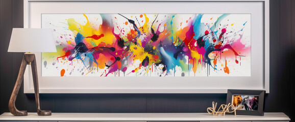 Immerse yourself in a room adorned with a vibrant illustration framed in white, surrounded by bursts of vibrant color splashes. The colorful display offers an escape from the ordinary, 