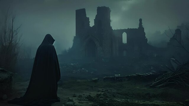 A mysterious figure cloaked in a hooded cloak stands with their back to the camera as they survey the vastness of the deserted castle . .