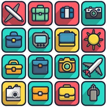 A collection of travel icons including suitcases, briefcases, and luggage