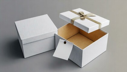 Open and closed white realistic cardboard box with paper and a sticker on a light background. The concept of business gifts. Mock up. 3d rendering