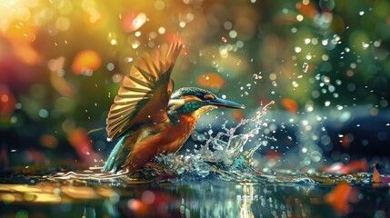 colorful bird take bath on water - Powered by Adobe