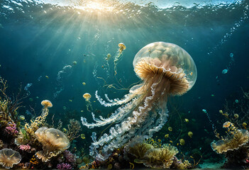 Sunlit Ballet: Jellyfish Dance in Ocean Background