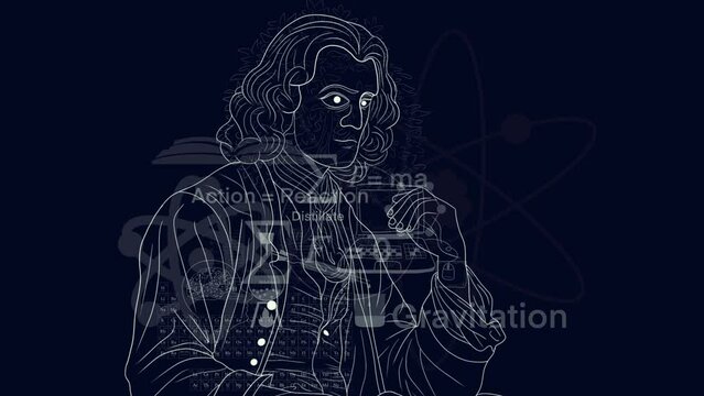 History of science, concept, Isaac Newton and physics, Cartoon character of Sir Isaac Newton, equal to mass time acceleration. Physics education concept