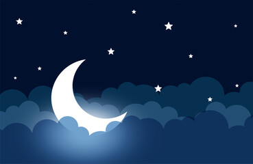 Naklejka na ściany i meble glowing moon and starry nighttime background with clouds in papercut style