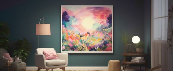 Immerse yourself in a room featuring a vibrant illustration within a blank white frame, surrounded by a colorful reverie of hues. The dreamy atmosphere evokes a sense of wonder and imagination,