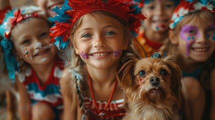 A group of children wearing patriotic face paint and headbands pose for a photo with a dog.