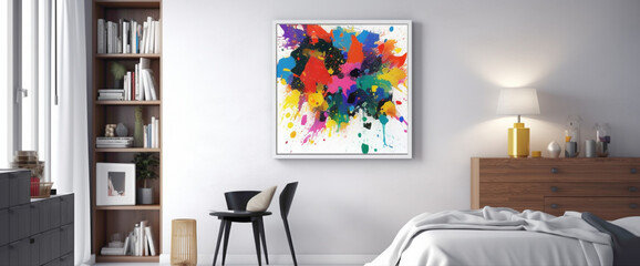 Immerse yourself in a room adorned with a vibrant illustration framed in white, surrounded by bursts of vibrant color splashes. The colorful display offers an escape from the ordinary,