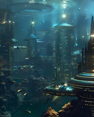 An advanced underwater city with airships and submarines - obrazy, fototapety, plakaty