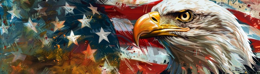 An artistic painting of an eagle's head imposed on an American flag.