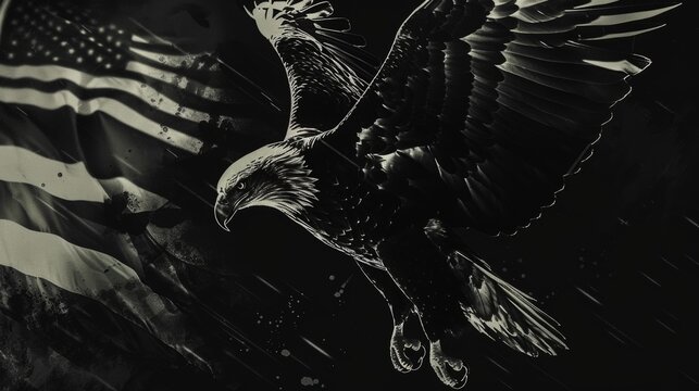 An artistic rendering of an eagle with the American flag in the background.