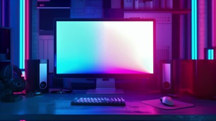 a monitor in a gaming setup with colorful LED lights .