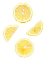 Top view set of yellow lemon half with slices isolated with clipping path in png file format