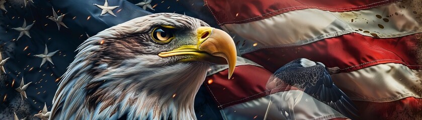 An epic bald eagle with flag