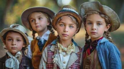 Four children wearing old-fashioned clothes pose for a picture in the woods.