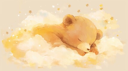 A precious baby bear peacefully slumbers on a fluffy cloud
