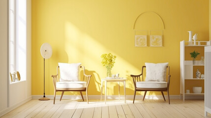 Find serenity in a sunny Scandinavian-inspired space with two chrs, a central table, and an empty canvas agnst a backdrop of soft yellow.