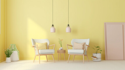 Find serenity in a Scandinavian-inspired space featuring two chrs in soft pastel tones, a central table, and an empty canvas agnst a soothing yellow backdrop. 