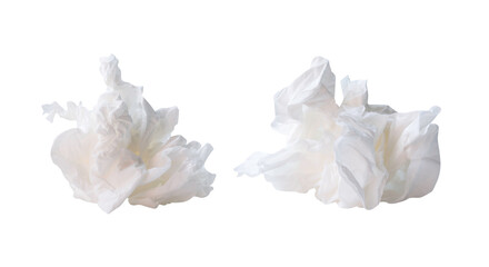 Front view set of screwed or crumpled tissue paper balls after use in toilet or restroom isolated...