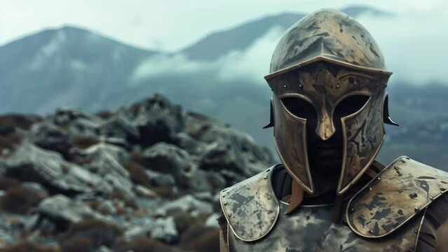 An ancient warrior's armored helmet rests against a mountainous backdrop. The metal helmet features eye openings in the face-covering portion and is engraved with decorative patterns. 