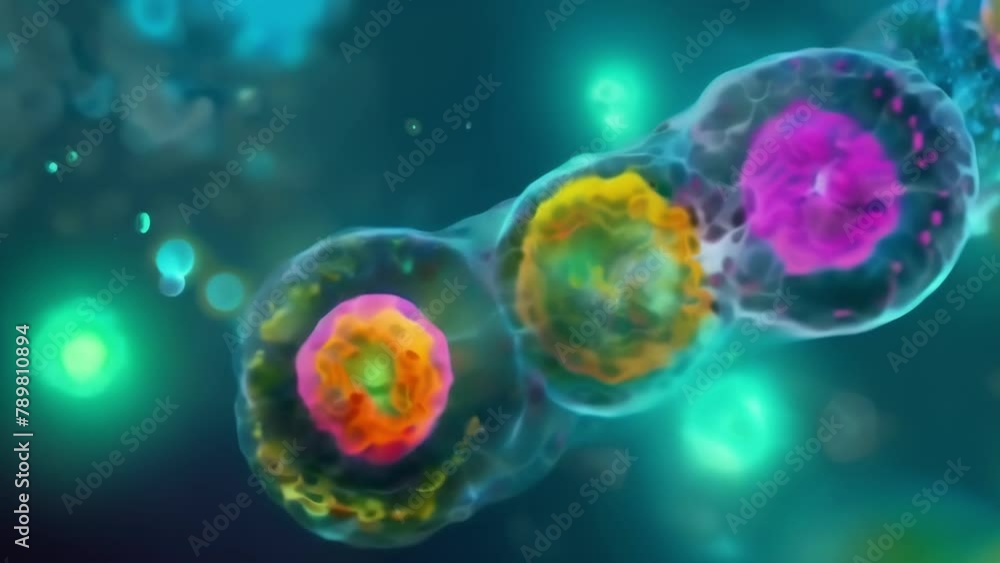 Poster a colorful image of a euglenoid cell undergoing division with its nucleus and chloroplasts dividing 