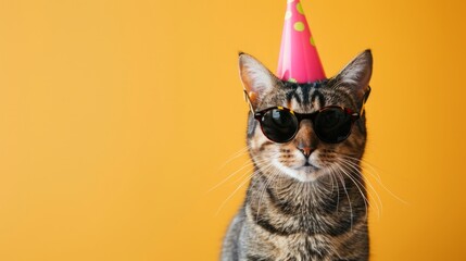 Cute cat celebrating in style with party hat and sunglasses - happy anniversary panoramic scene, birthday celebration concept

