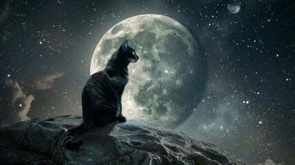 Curious cat sitting under the moonlight, casting shadows on the ground