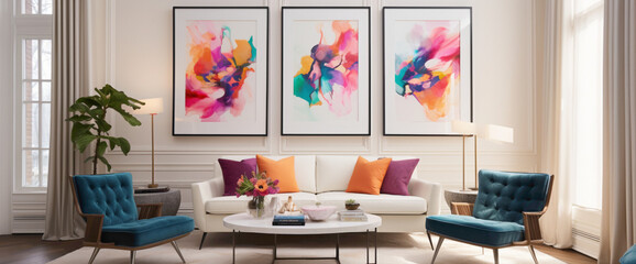 Immerse yourself in a room featuring a vibrant illustration framed in white, with harmonious color splashes adorning the walls. Let the chromatic harmony soothe your senses