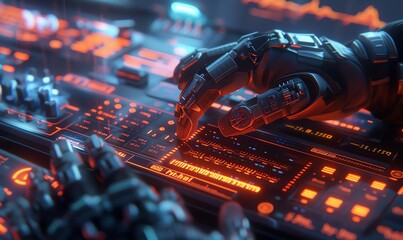 Render a photorealistic image of a key hacker character typing furiously on a glowing digital interface, showcasing cybersecurity prowess - obrazy, fototapety, plakaty