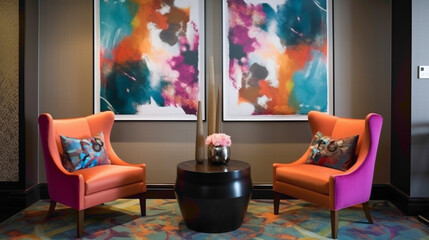 Immerse yourself in a lively lounge atmosphere featuring two sleek chrs, an empty frame, and vibrant graphic prints enlivening the walls. The combination of contemporary design 