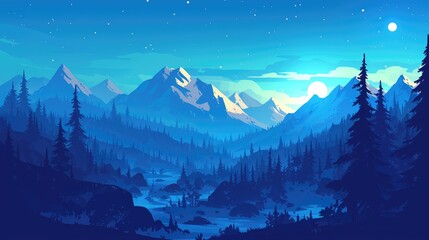 Experience the breathtaking beauty of an evening landscape featuring majestic mountains in this stunning 2d isolated graphic design illustration Immerse yourself in a picturesque wild setti