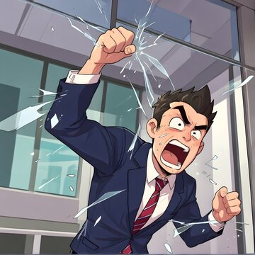 An angry cartoon of a businessman smashing, breaking glass window to show his anger.