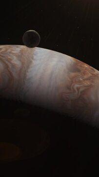 Realistic 3D animation of Jupiter and its moon Io, Europa, Ganymede or Callisto rotating in dark outer space. Sun rays, stars and galaxies on background. Solar system planet. Vertical shot