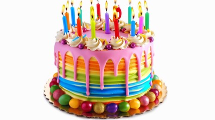 Vibrant birthday cake with lit candles, isolated on white background - festive celebration dessert in png format
