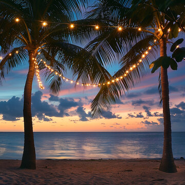 Tranquil beach moment, string of lights between palms, serene dusk , advertise photo