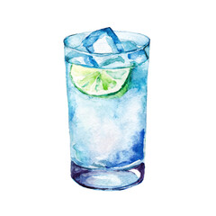 Glass of gin tonic, watercolor illustration, transparent background