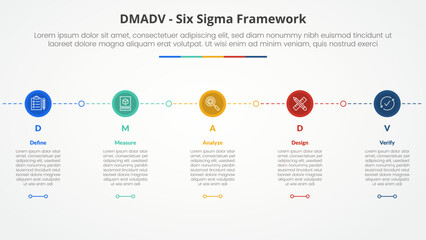 DMADV six sigma framework methodology concept for slide presentation with small circle on horizontal line connection with 5 point list with flat style