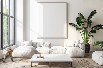 Blank square frame, center of a minimalist living room, ecofriendly decor, soft natural lighting , no grunge, splash, dust - obrazy, fototapety, plakaty