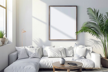 Blank square frame, center of a minimalist living room, ecofriendly decor, soft natural lighting , no grunge, splash, dust
