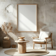 Product photography of a neutral frame, organic textures backdrop, minimalistic furniture , clean sharp focus